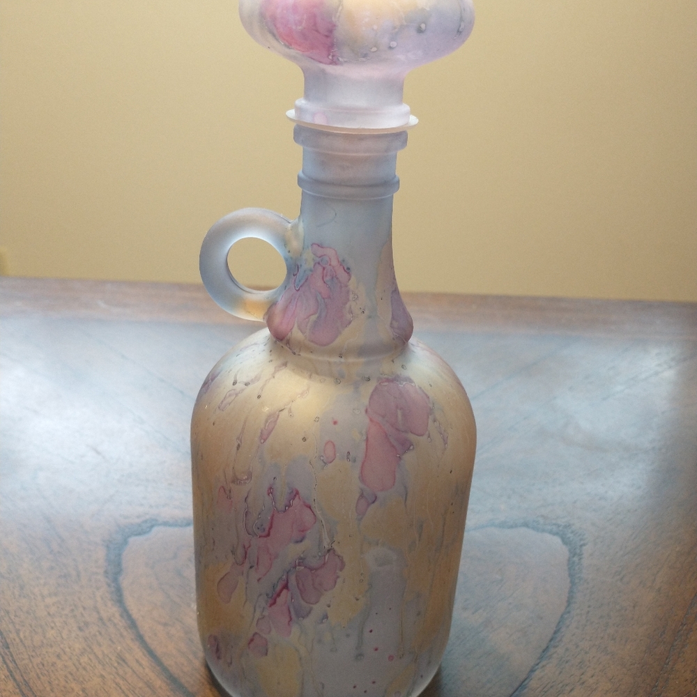 Rueven Nouveau Art Glass Co Hand Painted Satin Oil Spot Glaze Decanter - Picture 3 of 11